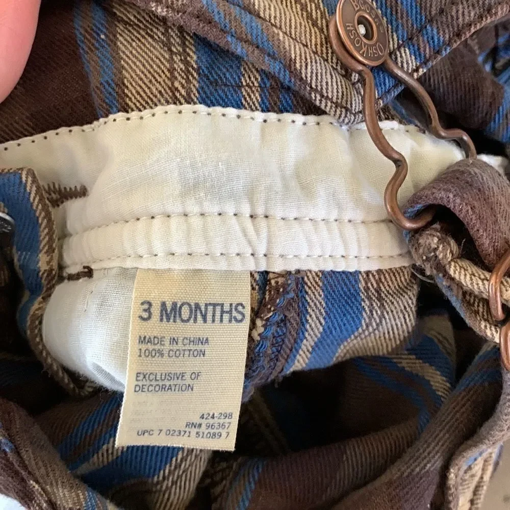 OshKosh B’Gosh‎ Vintage Vestbak Brown Plaid Baby Boy Bib Overalls size 3 month’s